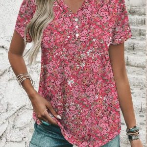 Floral V Neck Jersey Casual Shirt, Shirts & Blouses, color:Red|size:XXL, JustFashionNow