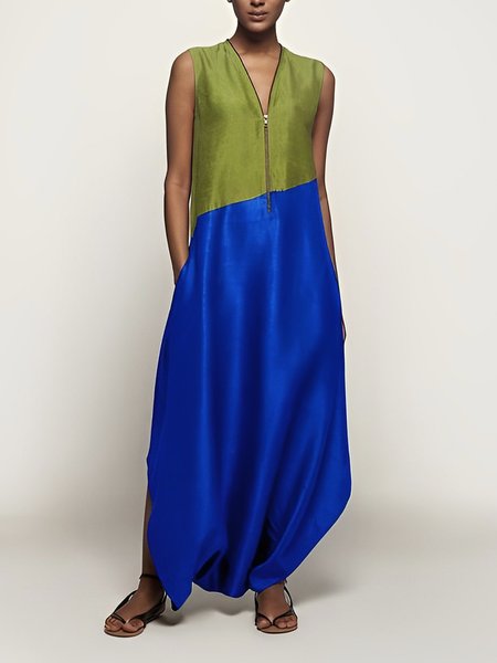 Color Block V Neck Loose Casual Jumpsuit, Jumpsuits, color:Blue|size:XXL, Stylewe