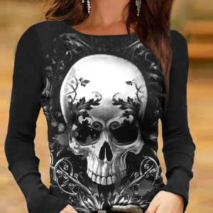 Women's Halloween Simple Crew Neck Skull Shirt, color:Black|size:3XL, Lilicloth.com