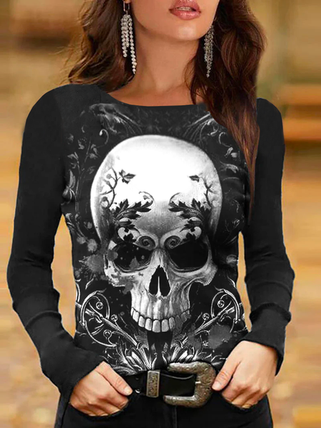 Women's Halloween Simple Crew Neck Skull Shirt, color:Black|size:3XL, Lilicloth.com