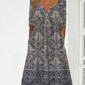 Damask Gradient half open button Long Dress, Dresses, color:Blue|size:XXL, JustFashionNow