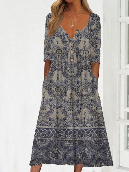Damask Gradient half open button Long Dress, Dresses, color:Blue|size:XXL, JustFashionNow