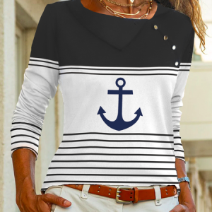 Striped Anchor Buttoned Casual T-Shirt, Long sleeves, Lilicloth.com