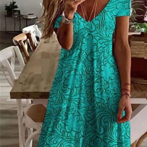 V Neck Casual Loose Floral Dress With No, Dresses, color:Green|size:XXL, JustFashionNow