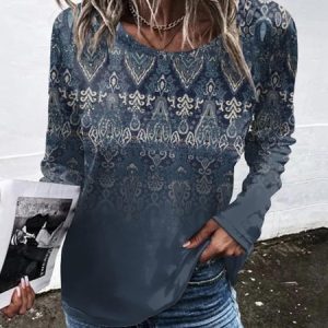 Ethnic Loose Casual Crew Neck T-Shirt, T-Shirts, color:Dark Blue|size:XXL, JustFashionNow