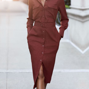 Urban Regular Fit Shirt Collar Long sleeve Dress With Belt, Midi Dresses, color:Datered|size:XXL, Stylewe