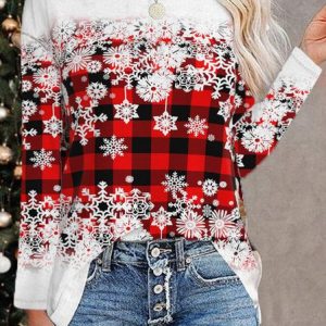Women's Red Plaid Christmas Sweatshirt Snowflake Printed, T-Shirts, color:Red|size:XXL, JustFashionNow