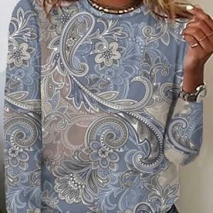 Plus size Loose Crew Neck Ethnic Casual T-Shirt, T-Shirts, color:Blue|size:4X, JustFashionNow