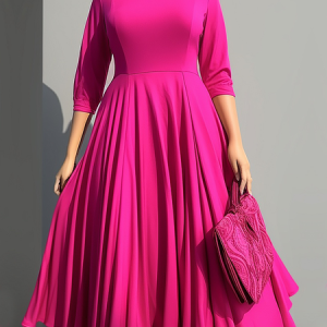 Regular Fit Crew Neck Regular Fit Three Quarter Sleeve Elegant Midi Dress, Midi Dresses, color:Rose Red|size:XXL, Stylewe