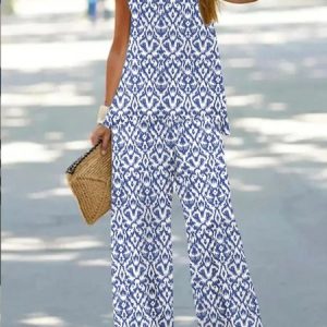 Plus Size Ethnic Crew Neck Elegant Two-Piece Set, Suit Set, color:Blue|size:4X, JustFashionNow