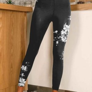 Casual Tight Floral Legging, Leggings, color:Black|size:XXL, JustFashionNow