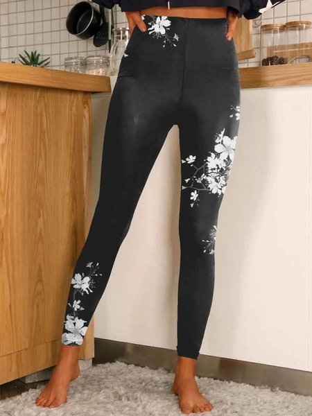 Casual Tight Floral Legging, Leggings, color:Black|size:XXL, JustFashionNow