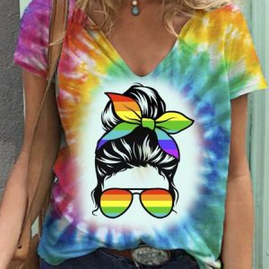 Casual V Neck Text Letters Regular Fit T-Shirt, T-Shirts, color:Multicolor|size:XXL, JustFashionNow