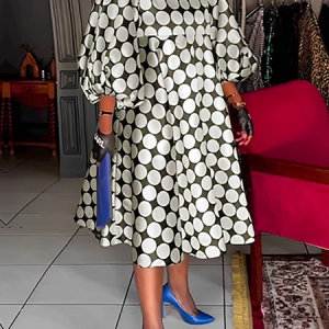 Loose Elegant Geometric Crew Neck Three Quarter Sleeve Loose Dress, Midi Dresses, color:As Picture|size:XXL, Stylewe