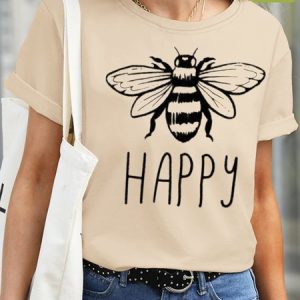 Womens Bee Happy Waterproof Oilproof And Stainproof Fabric T-Shirt, color:Apricot|size:3XL, Lilicloth.com