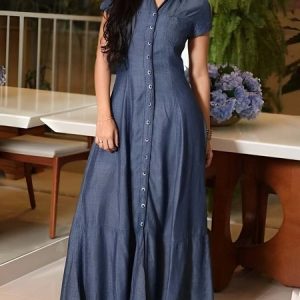 Vacation Regular Fit Shirt Collar Faux Denim Dress, Maxi Dresses, color:Deep Blue|size:XXL, Stylewe