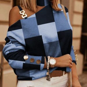 Urban Geometric Crew Neck Loose Blouse, Blouses and Shirts, color:Blue|size:XXL, Stylewe