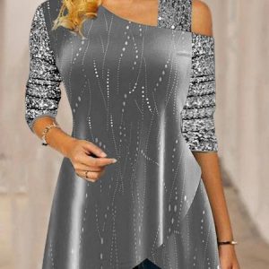 Loose Abstract Casual One Shoulder T-Shirt, T-Shirts, color:Gray|size:3XL, JustFashionNow