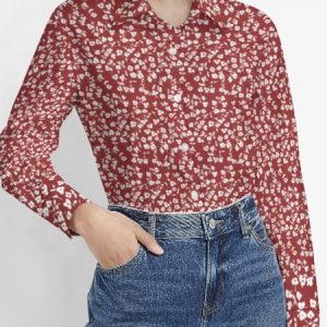Shirt Collar Long Sleeve Floral Regular Loose Blouse For Women, Shirts, color:Red|size:5XL, Noracora