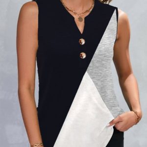 women's splicing contrast color Casual V Neck Tank Top, Tanks & Camis, color:Black|size:XXL, JustFashionNow