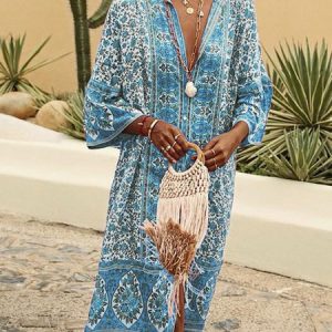 V Neck Women Summer Weaving Dress Shift Floral-Print Floral Weaving Dress, Casual Dresses, color:Sky Blue|size:XXL, JustFashionNow