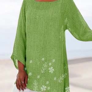 Vintage 3/4 Sleeve Floral-Print Crew Neck Blouse, Shirts & Blouses, color:Green|size:5XL, JustFashionNow