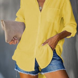 Women Casual Solid Pockets Button Down Cotton Shirt Collar Long Sleeve Blouse, Blouses & Shirts, Roselinlin - Online Catalog