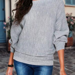 Casual Bateau/boat Neck Cotton Sweater, Sweaters, color:Gray|size:16, JustFashionNow