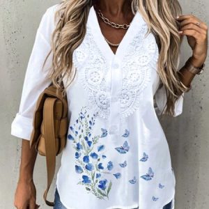 Butterfly Floral V Neck Elegant Long Sleeve T-shirt, Blouses & Shirts, Roselinlin - Online Catalog