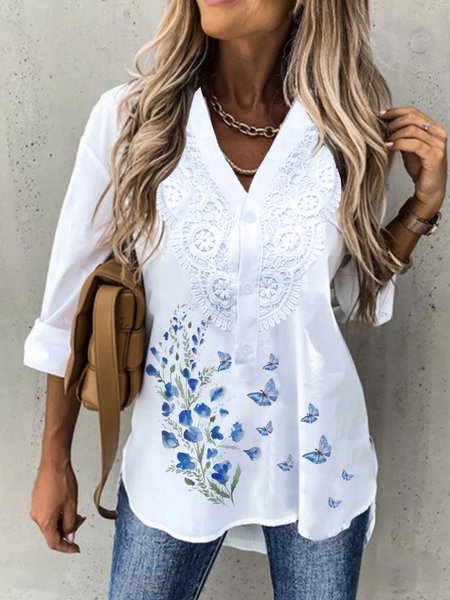 Butterfly Floral V Neck Elegant Long Sleeve T-shirt, Blouses & Shirts, Roselinlin - Online Catalog