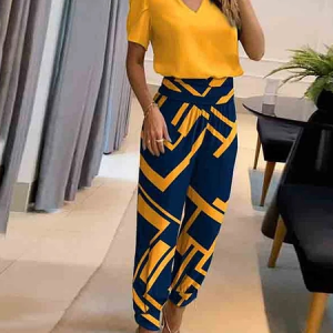 Geometric Loose Casual Two-Piece Set, Suit Set, color:Yellow|size:XXL, JustFashionNow