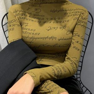 Regular Fit Text Letters Casual Turtleneck T-Shirt, Tees, color:Yellow|size:XXL, Stylewe