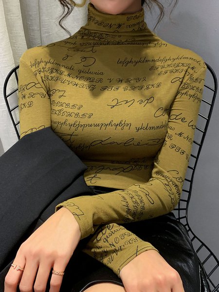 Regular Fit Text Letters Casual Turtleneck T-Shirt, Tees, color:Yellow|size:XXL, Stylewe