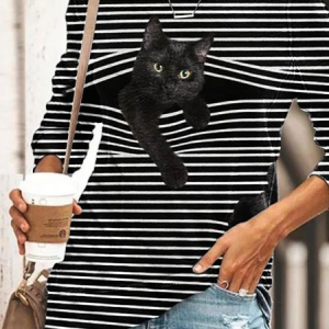 JFN Crew Neck Striped Cat Casual Long Sleeve Sweatshirt, Sweatshirts & Hoodies, color:Black|size:3XL, JustFashionNow