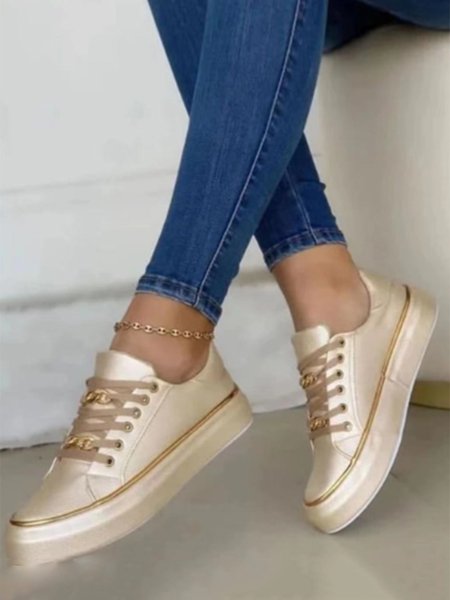 Chain Decor Lace-up Casual Skate Shoes, Sneakers, color:Golden|size:43, JustFashionNow