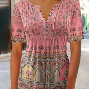 Loose V Neck Vacation Ethnic Shirt, Shirts & Blouses, color:Pink|size:XXL, JustFashionNow