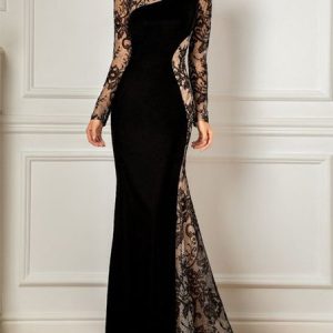 Elegant Solid Crew Neck Long Sleeve Maxi Dress Wedding, Maxi Dresses, color:Black|size:XXL, Stylewe