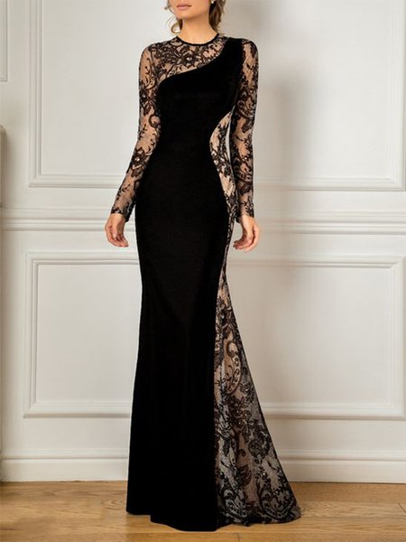 Elegant Solid Crew Neck Long Sleeve Maxi Dress Wedding, Maxi Dresses, color:Black|size:XXL, Stylewe