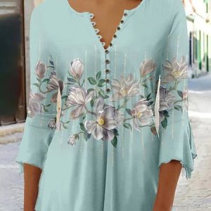 Floral Notched Buckle Loose Casual Three Quarter Sleeve Shirt, Blouses, color:Green|size:5XL, Noracora