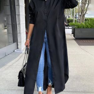 Plus Size Plain Urban Shirt Collar Loose Dress, Plus Dresses, color:Black|size:4X, Stylewe