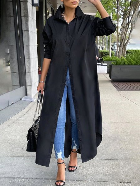 Plus Size Plain Urban Shirt Collar Loose Dress, Plus Dresses, color:Black|size:4X, Stylewe