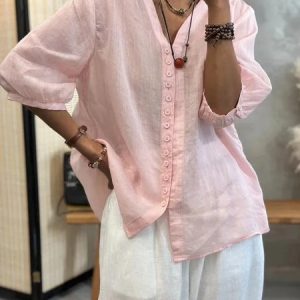 V Neck Plain Casual Blouse, Shirts & Blouses, color:Pink|size:XXL, JustFashionNow