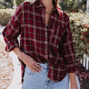 Shawl Collar Plaid Buttoned Blouse, Shirts & Blouses, color:Red|size:XXL, JustFashionNow
