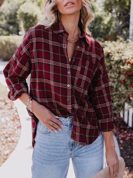 Shawl Collar Plaid Buttoned Blouse, Shirts & Blouses, color:Red|size:XXL, JustFashionNow