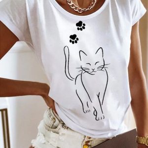 Casual Jersey Cat Crew Neck T-Shirt, T-shirts, color:White|size:XXL, Noracora