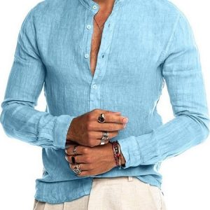 Casual Regular Fit Regular Sleeve Plain Shirt Collar Shirt, Shirts ＆ Blouse, color:Light Blue|size:3XL, JustFashionNow