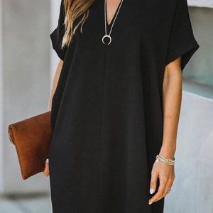 Loosen V Neck Short Sleeve Woven Dress, Mini Dresses, color:Black|size:XS, Stylewe