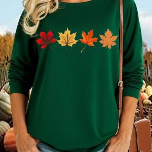 Women's Autumn Fall Maple Leaves Casual Crew Neck Regular Fit Sweatshirt, color:Green|size:3XL, Lilicloth.com