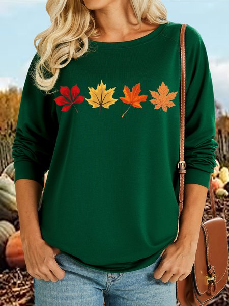 Women's Autumn Fall Maple Leaves Casual Crew Neck Regular Fit Sweatshirt, color:Green|size:3XL, Lilicloth.com