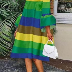 Elegant Striped Stand Collar Midi Dress With No Belt, Mini Dresses, color:Green|size:XXL, Stylewe